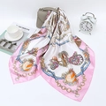 Elegant 90cm square satin scarf featuring pink border with carriage and chain prints - 90*90cm / Pink