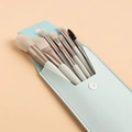 Mini 8-piece makeup brush set with grey handles and light blue leather pouch - Leather Storage Bag / Cyan