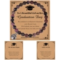 Pink and black natural stone graduation bracelet with silver ladybug charm on kraft cards - Black Line Rhodonite Bracelet
