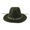 Detailed close-up of dark green wool felt fedora with colorful ethnic beads and woven band - 58cm / Army Green