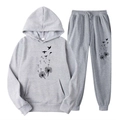 Ensemble gris à capuche avec imprimé pissenlit noir comprenant cordon et poches kangourou - S / Haut Et Bas / Gris Clair (Pissenlit et Oiseaux)