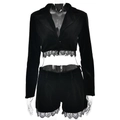 Women's black velvet two-piece set featuring long-sleeve lace-trim jacket and shorts - S / Black
