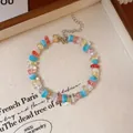 Colorful natural crystal chip bracelet with white flower charm and adjustable silver clasp - Multicolor Style Two