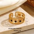 Minimalist 18K gold plated stainless steel open ring with sunburst and black enamel dots - Hollow Sunburst Pattern Style (1272)