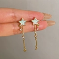 Elegant gold star tassel drop earrings with iridescent gems and sparkling zircons - Star Iridescent Tassel