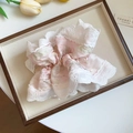 Pink floral scrunchie with white lace trim, soft chiffon texture, elegant hair accessory - Scrunchie / Pink Lace Trim