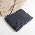 Handwoven dark grey leather clutch with Intrecciato weave and slim wrist strap - 25*2*20 / Navy Blue