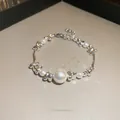 Irregular silver beads and white pearl拼接 bracelet with adjustable extension chain - Silver Bracelet