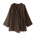 Detailed view of the dark brown side-tie long sleeve top showing retro linen texture - XS / Coffee Top