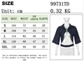 Size chart showing denim crop top measurements for S, M, L, XL, XXL in centimeters - Blue (In Stock)