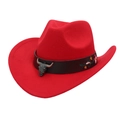 Red felt western cowboy hat with bull head buckle and colorful flower embroidery - M (56-58cm) / Red Cowboy (Flower Bull Head)
