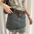 Vintage brown embossed leather belt with large metal buckle on y2k denim skirt - Brown (Cloud Pattern)