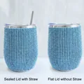 Light blue rhinestone-encrusted 12oz stainless steel egg cup with straw and lid options - Dark Blue