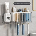 Wall-mounted white toothbrush holder with three translucent cups and toothpaste dispenser - ABS / 3-Cup Style + Toothpaste Squeezer-White