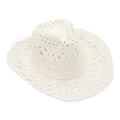 Detailed view of white crochet cowboy straw hat featuring hollow geometric brim patterns - White