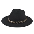 Close-up of black wide brim fedora hat with decorative bold chunky gold metal chain - Adult 57-60cm / Black