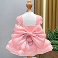 Pink pet wedding dress with large bow and leash ring on a mannequin, back detail view - Pink
