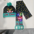 Detail of Christmas knitted hat and scarf set with LED lights and elk jacquard pattern - Green Reindeer Head-Set