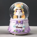 Musical snow globe with purple bow base and blonde doll holding a small pet figurine - 001 Purple Base / Large 100 Snow+Light+Music