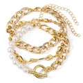 Three-piece gold alloy chain bracelet set with white faux pearls and OT toggle clasp - Style 7-Gold Pearl OT Buckle Thick Chain Set