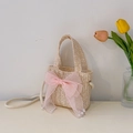 Straw woven crossbody bag for kids with pink tulle bow and pearl charms in beige finish - Off-white with Pink Bow