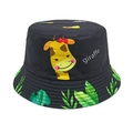 Détail du bob enfant noir avec imprimé girafe et motifs de feuilles de monstera - Circonférence de la tête 52CM--54CM / Noir