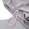 Elegant pink crystal bead phone strap with milky white accents on grey silk - Phone Chain / Rose Quartz + White Jade Bodhi (K3404)