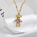 Golden teddy bear necklace with purple heart crystal and zircon micro-pave setting - Purple