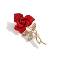 Élégante broche rose en émail rouge avec tige dorée et feuilles de cristal brillant - Style 12 (Bouton de rose rouge)