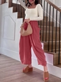 Detail of high-waist coral cotton linen wide-leg trousers with elastic waist and side pockets - S / Pink