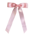 Close-up of pink satin ballet style double bow hairclip with glossy texture and long ribbons - Pink