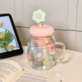 Pink donut lid glass cup with green flower straw and handle for office desk use - Pink