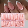 Pink almond French tip press-on nails set with white edges in a clear storage box - TD190-B (Boxed 120 Pieces)