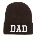 Dark brown knit beanie featuring bold white DAD embroidery on the front cuff - DAD / Coffee