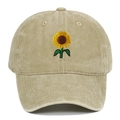 Vintage washed khaki cotton baseball cap with yellow sunflower embroidery on the front - Adjustable / Khaki