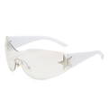 Y2K rimless shield sunglasses featuring white frame and silver star metal accents - White Frame Shallow Silver Mirror