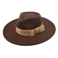 Detail of dark brown wool fedora hat featuring a khaki ribbon and gold bee metal charm - M (56-58cm) / Brown
