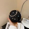 Sparkly black spherical evening bag with rhinestone ring handles and gold chain strap - Black