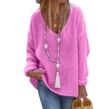 Detail of hot pink V-neck knit sweater with long sleeves and elegant tassel necklace - 2XL / Pink