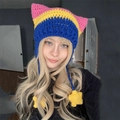 Pink, yellow, and blue crochet cat ear beanie with hanging star pendants - Adult 56-59cm / Pink Yellow Blue