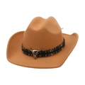 Ethnic camel felt western cowboy hat with a wide brim and silver bull skull ornament - One Size / Camel (Bull Head)