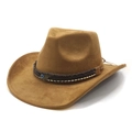 Detalle de sombrero vaquero de ante marrón con banda trenzada y amuletos de ojos - M (56-58cm) / Caqui (Gamuza)