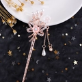 Vintage floral tassel hair stick in rose gold with faux pearls and sparkling rhinestones - Rose Gold Resin Shell Flower Bowknot Tassel (FZ048)