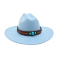 Light blue wide brim felt cowboy hat featuring a brown leather band and turquoise stones - One Size / Light Blue