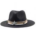 Black Bohemian straw sun hat with layered rivet band and turquoise star metal buckle - M (56-58cm) / Black