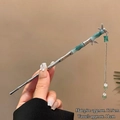 Bamboo style metal hair stick with green faux jade and silver tassels for women - Bamboo Tassel / Silver