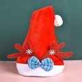 Red plush Christmas hat with glitter reindeer antlers and blue plaid bow accent - Adult Thickened Reindeer Hat (Red)