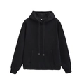 Detail view of the black drawstring hood and front pouch pocket of a knitted cotton hoodie - S / Black Top