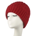 Close-up of red cable knit beanie showing thick wool blend texture and ribbed cuff details - Adult / Burgundy
