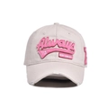 Dettaglio della visiera consumata e ricamo 3D rosa sul cappellino da baseball beige in cotone - 56-60cm / Bianco Crema-Rosa
